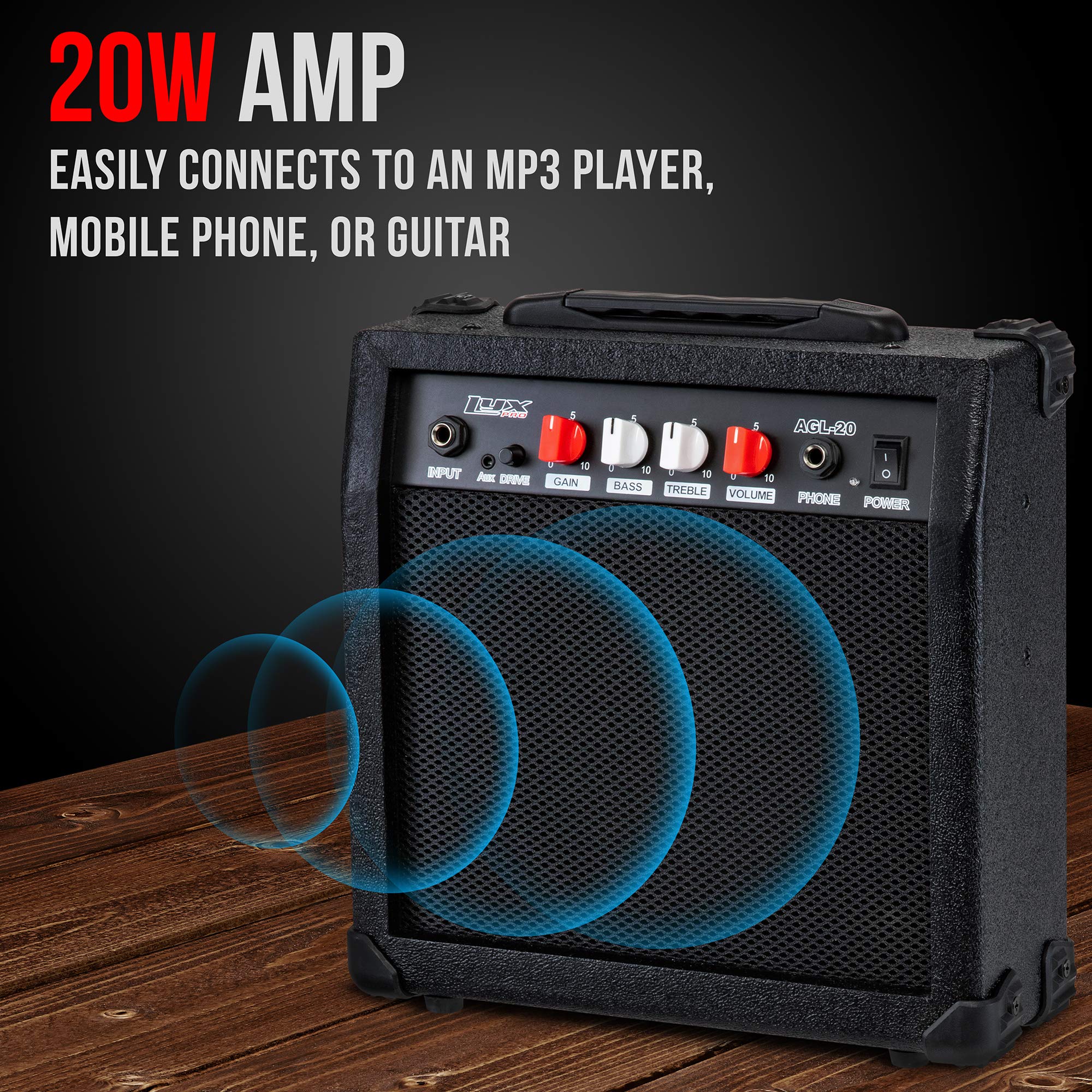 LyxPro Electric Guitar Amp 20 Watt Amplifier Built in Speaker Headphone Jack and Aux Input Includes Gain Bass Treble Volume and
